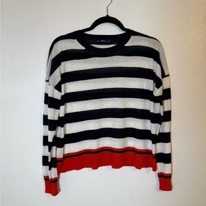 Zara Knit Navy Blue White Red Striped Crew Neck Sweater